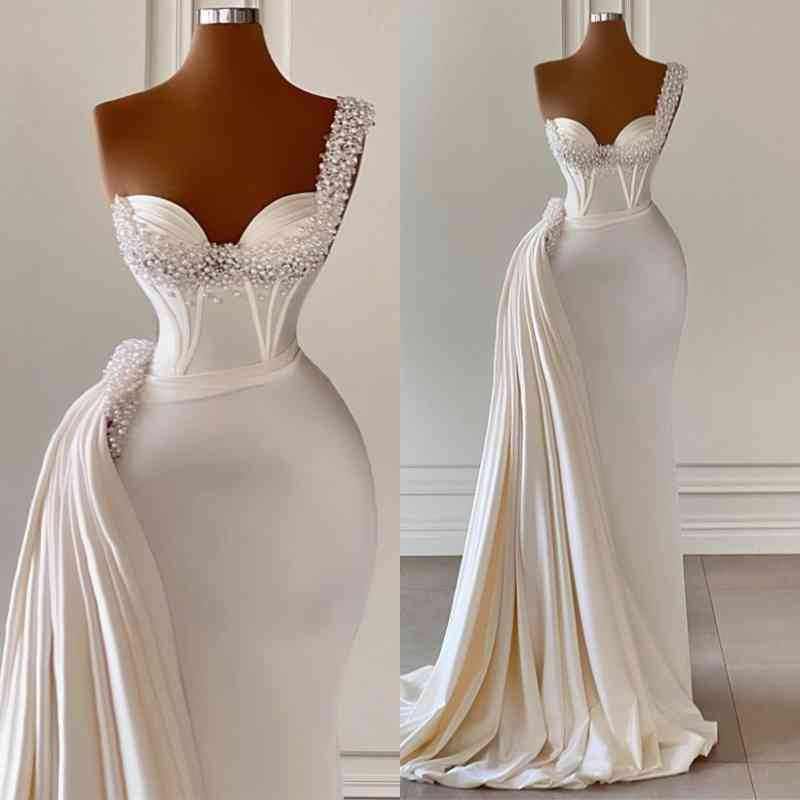 Chicloth One Shoulder Mermaid Prom Dress Long With Pearls