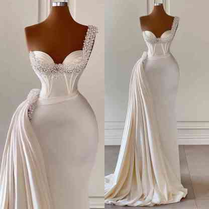 Chicloth One Shoulder Mermaid Prom Dress Long With Pearls