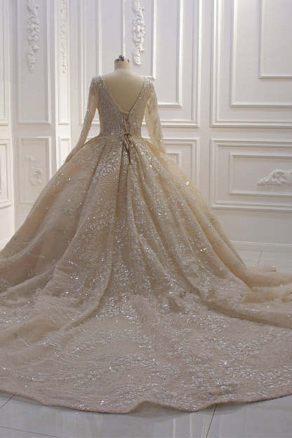 Chicloth Gorgeous Ball Gown V-neck Wedding Dress Long Sleeves Applqiues Sequined Bridal Gowns Online