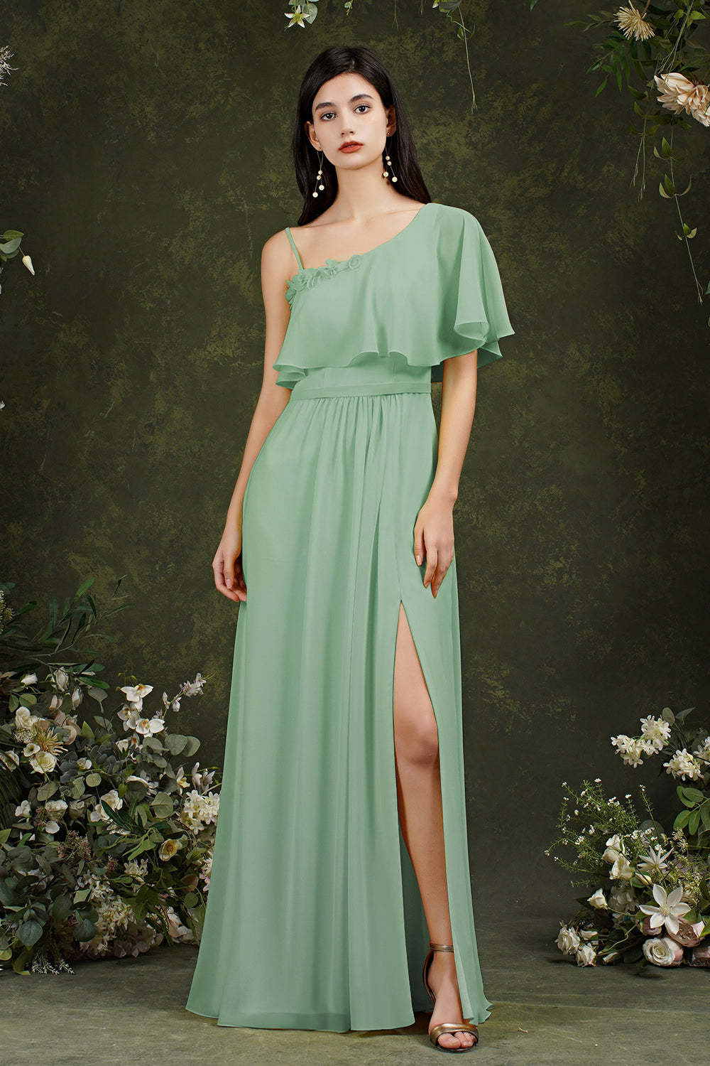 Chicloth One Shoulder Ruffles Bridesmaid Dress Long With Slit