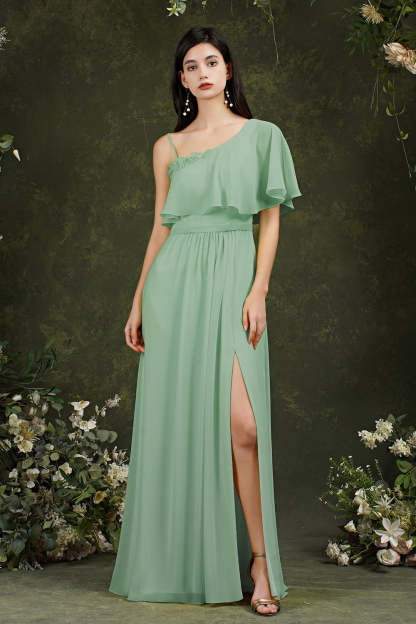 Chicloth One Shoulder Ruffles Bridesmaid Dress Long With Slit