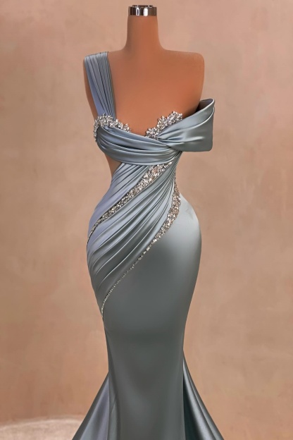 Charming Beaded One-Shoulder Mermaid Ruched Satin Evening Dress with Train-A