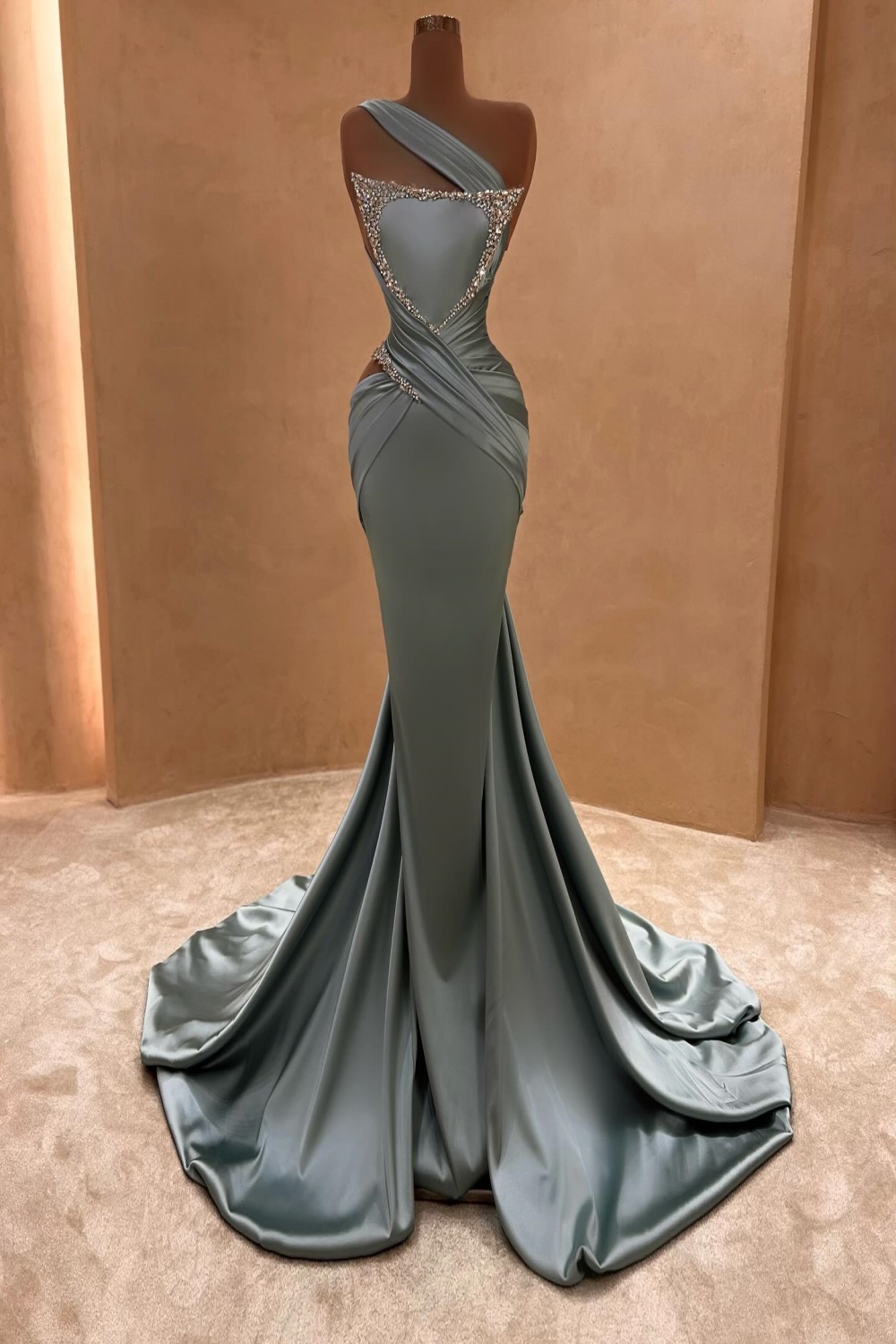 Charming Beaded One-Shoulder Mermaid Ruched Satin Evening Dress with Train-A
