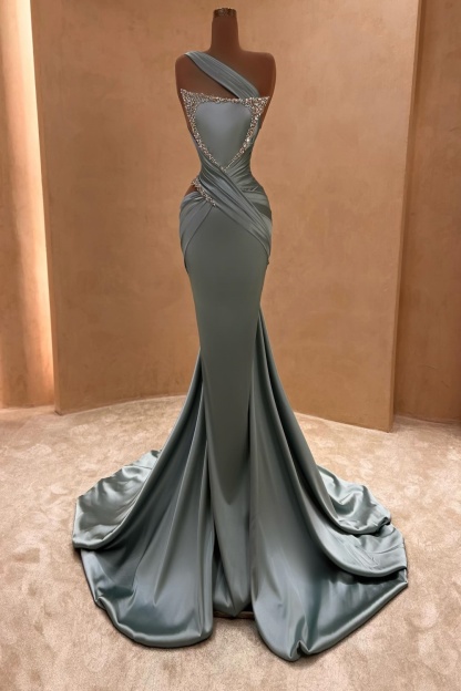 Charming Beaded One-Shoulder Mermaid Ruched Satin Evening Dress with Train-A