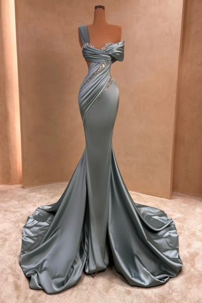 Charming Beaded One-Shoulder Mermaid Ruched Satin Evening Dress with Train-A