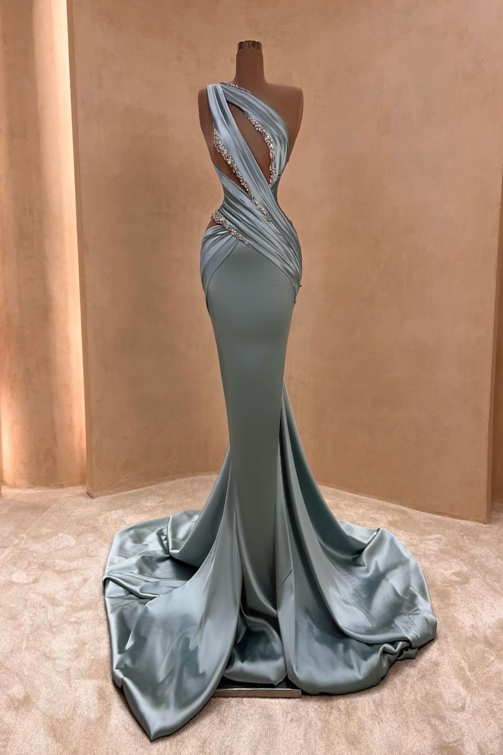 Charming Beaded One-Shoulder Mermaid Ruched Satin Evening Dress with Train