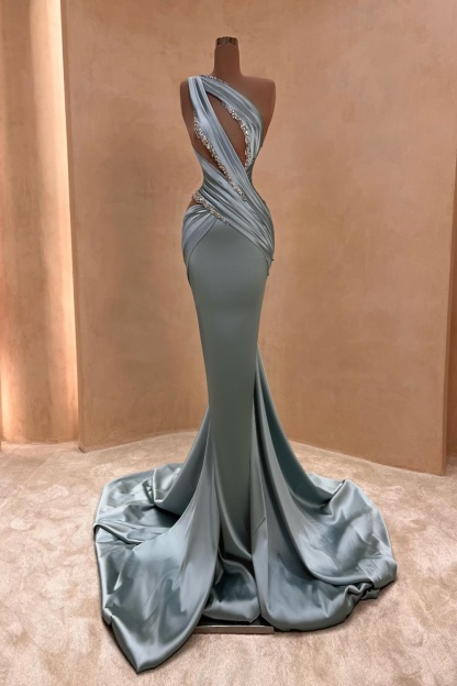 Charming Beaded One-Shoulder Mermaid Ruched Satin Evening Dress with Train
