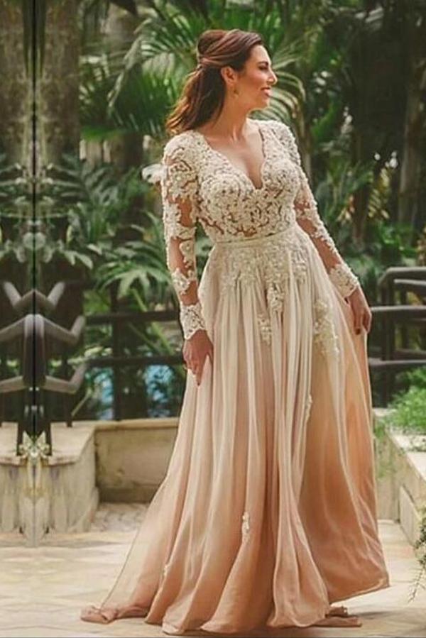 Chicloth Long Sleeves Wedding Dress Lace V-Neck On Sale