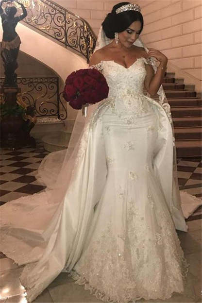 Chicloth Off-the-Shoulder Mermaid Wedding Dress Overskirt Lace Bridal Gown
