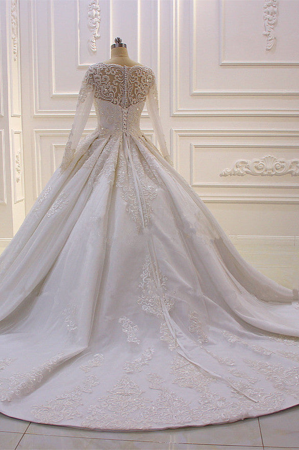 Chicloth Luxury Satin Tulle Ruffle Wedding Dress Long Sleeves Appliques Beadings Bridal Gowns On sale
