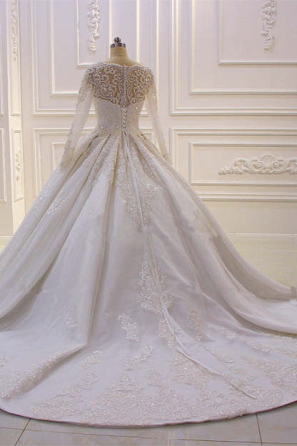 Chicloth Luxury Satin Tulle Ruffle Wedding Dress Long Sleeves Appliques Beadings Bridal Gowns On sale