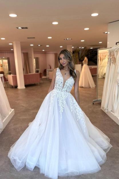 Sexy Wedding Dresses V Neck | A line wedding dresses with lace