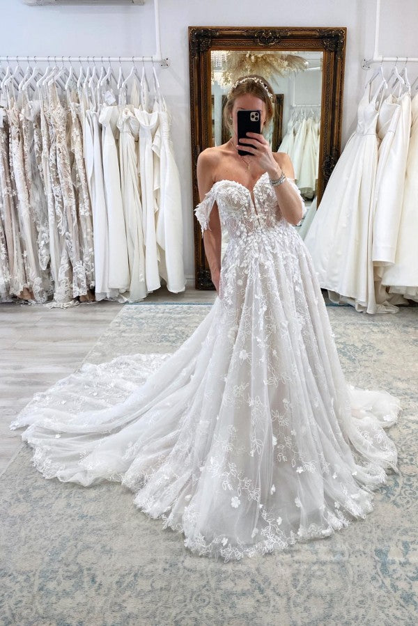 Chicloth A-Line Princess Wedding Dress Off-the-Shoulder With Lace Appliques