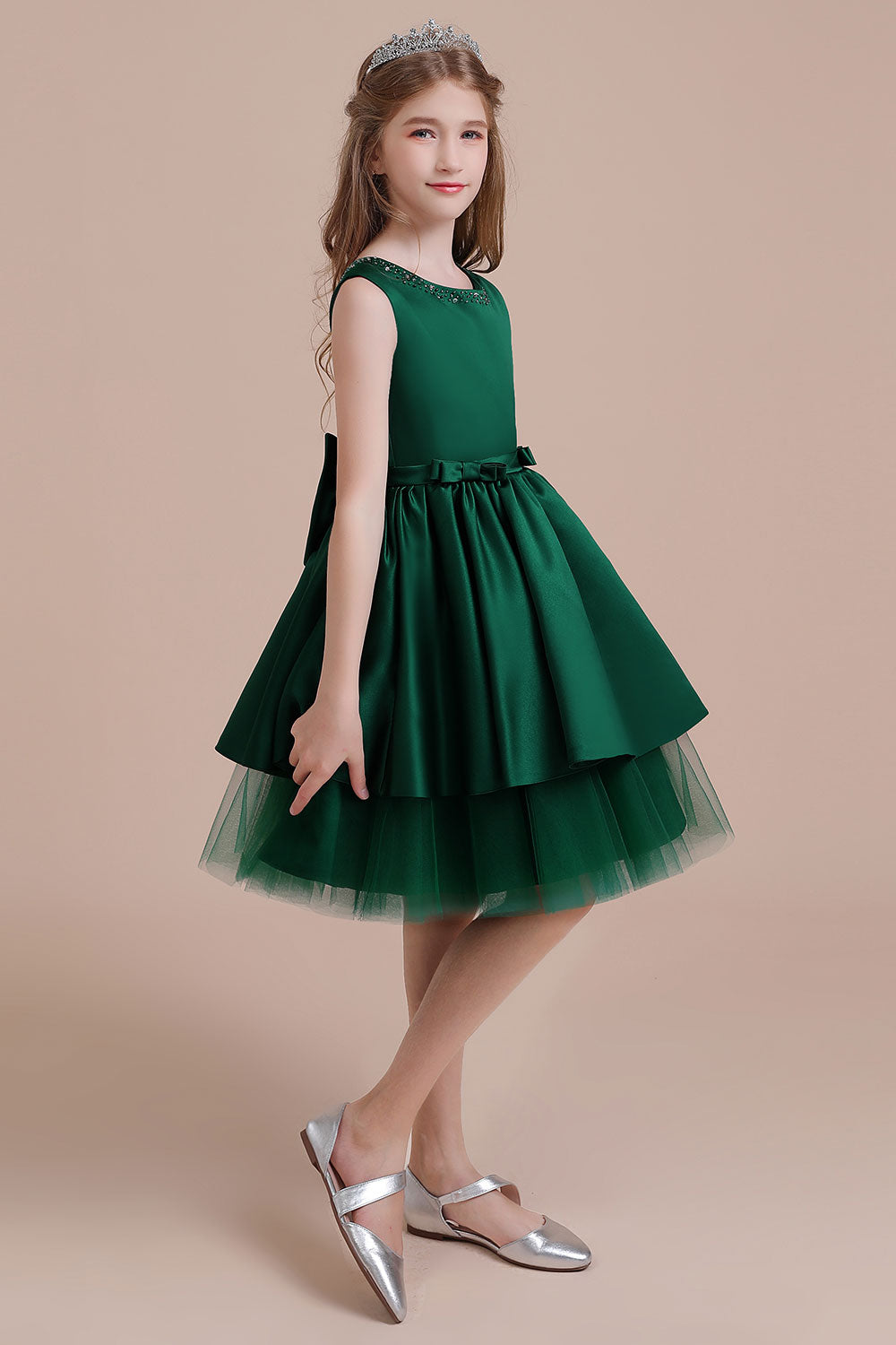Chicloth A-Line Bow Beading Satin Tulle Flower Girl Dress On Sale
