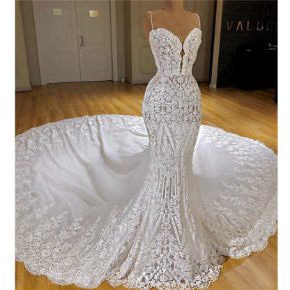 Chicloth Glamorous Mermaid White Lace Wedding Dresses With Appliques Spaghetti Straps  Bridal Gowns Online
