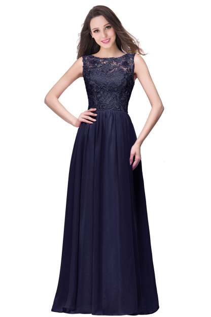 Chicloth Affordable A-line Chiffon Crew Lace Navy Long Bridesmaid Dresses In Stock
