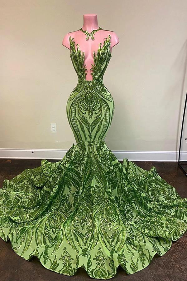 Chicloth Designer Green V-neck Sequins Sleeveless Floor-length Mermaid Prom Dresses