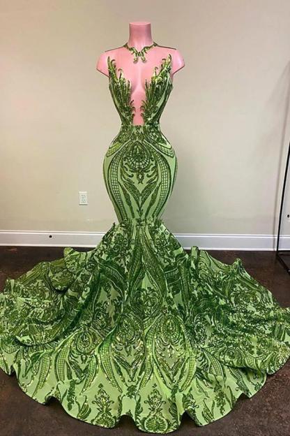 Chicloth Designer Green V-neck Sequins Sleeveless Floor-length Mermaid Prom Dresses