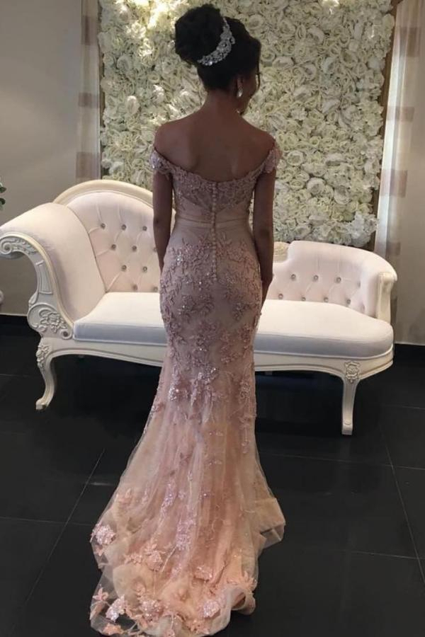 Pink Card-Shoulder Floor-Length Lace Evening Dress | Glitter Prom Dresses