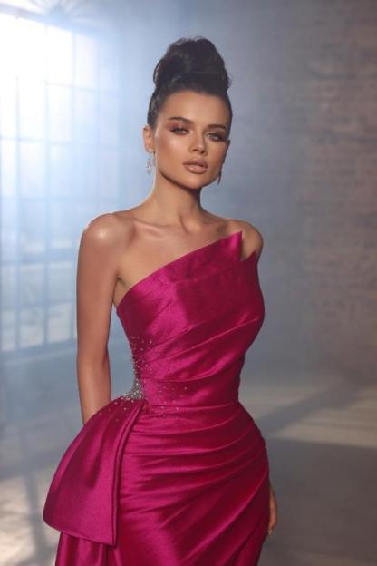 Rose Ruched Satin Side Split Evening Dress | Strapless Long Prom Dress