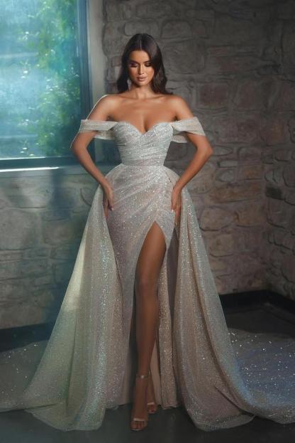 Chicloth Off-the-Shoulder Mermaid Wedding Dress Sequins Slit Overskirt