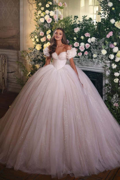 Chicloth Off-the-Shoulder Ball Gown Tulle Wedding Dress Shinning Sequins