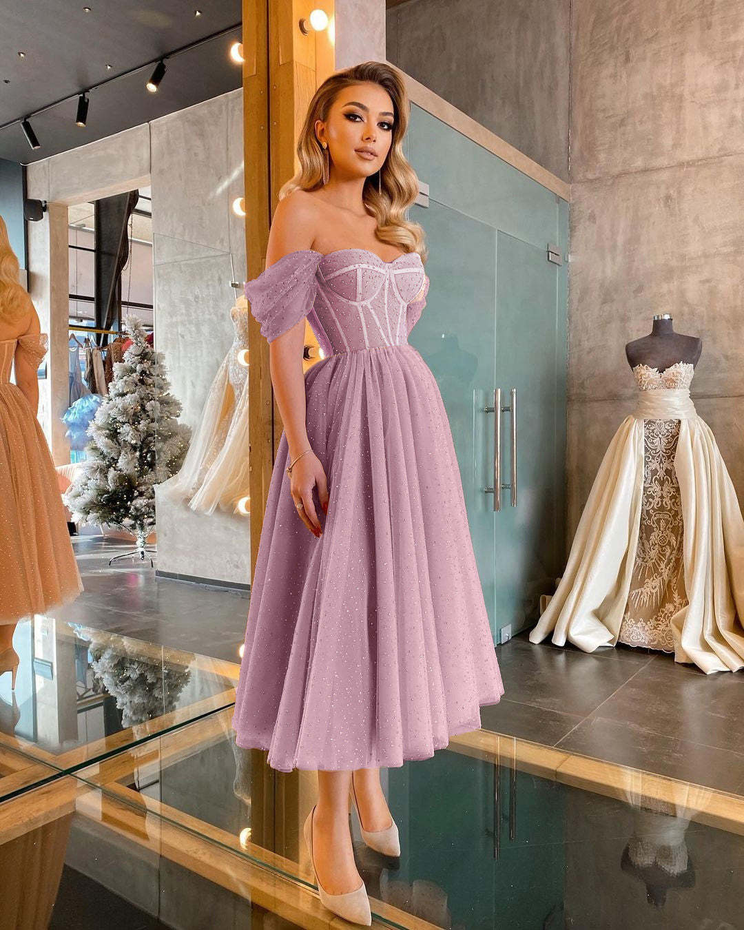 Cheap Off-the-Shoulder Sequins Tulle Short Prom Dress