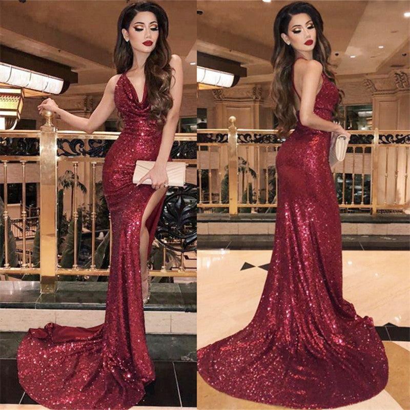 Chicloth Burgundy Sequins Prom Dress Mermaid Long With Slit