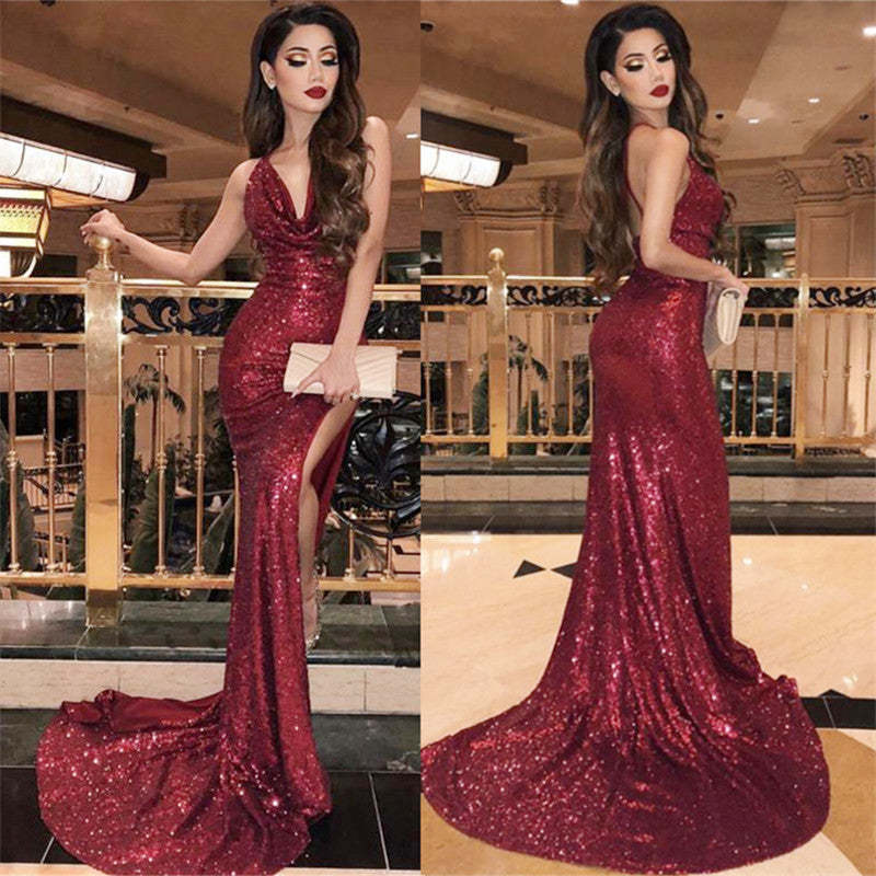 Chicloth Burgundy Sequins Prom Dress Mermaid Long With Slit