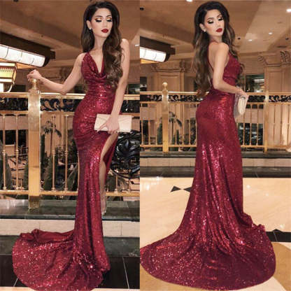 Chicloth Burgundy Sequins Prom Dress Mermaid Long With Slit