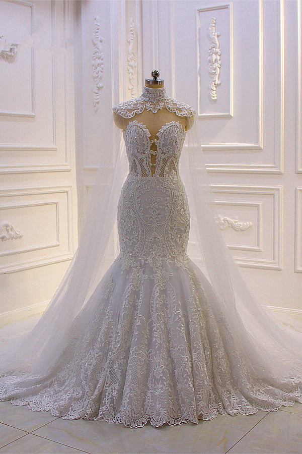 Chicloth Stylish V-Neck Tulle Lace Wedding Dress Mermaid Appliques Beadings Bridal Gowns with Wraps