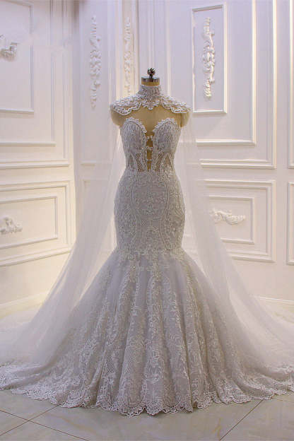 Chicloth Stylish V-Neck Tulle Lace Wedding Dress Mermaid Appliques Beadings Bridal Gowns with Wraps