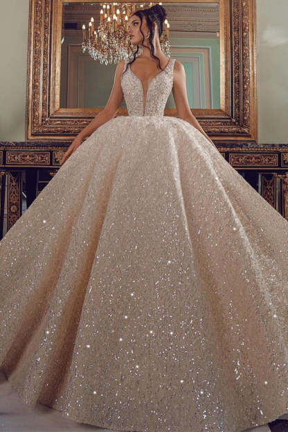 Chicloth V-Neck Sleeveless Ball Gown Wedding Dress With Sequins