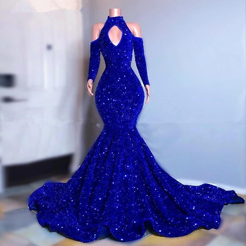 Chicloth Royal Blue Sequins Prom Dress Mermaid Long Sleeves Online