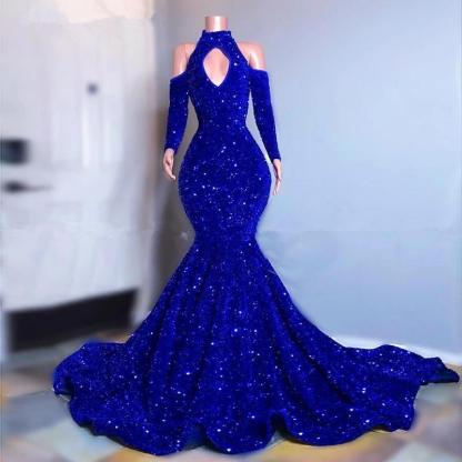 Chicloth Royal Blue Sequins Prom Dress Mermaid Long Sleeves Online