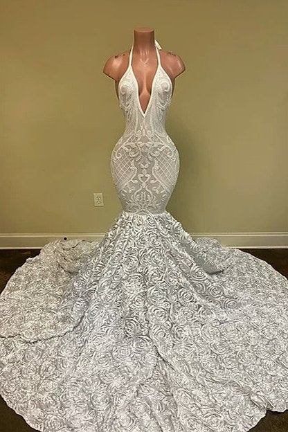 Chicloth Halter Mermaid Prom Dress Long With Flowers Bottom