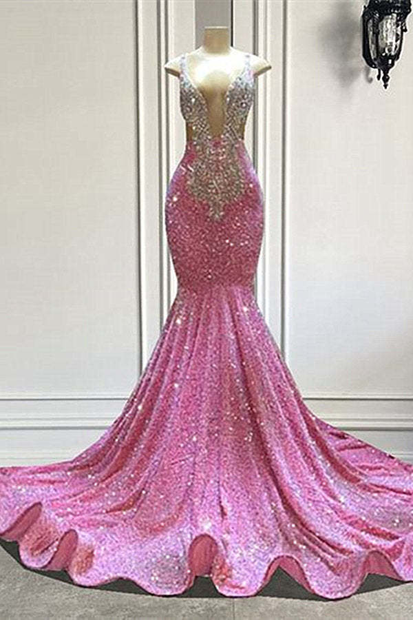 Chicloth V-Neck Pink Prom Dress Mermaid Sleeveless With Beads