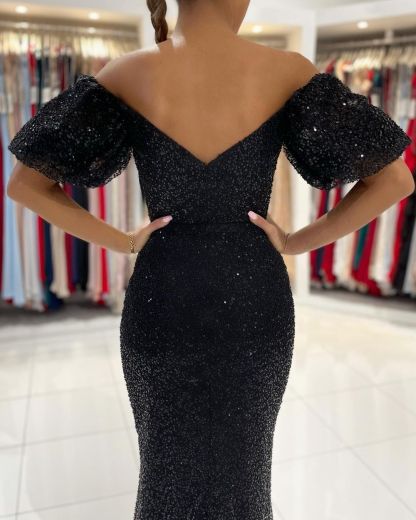 Chicloth Off-the-Shoulder Black Sequins Prom Dress Mermaid With Split