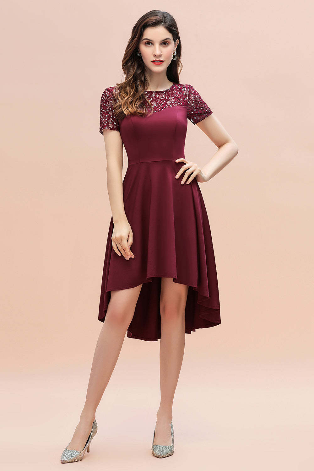 Chicloth Lovely Jewel Satin Sequins Bridesmaid Dress Short Sleeve Burgundy Cocktail Dress