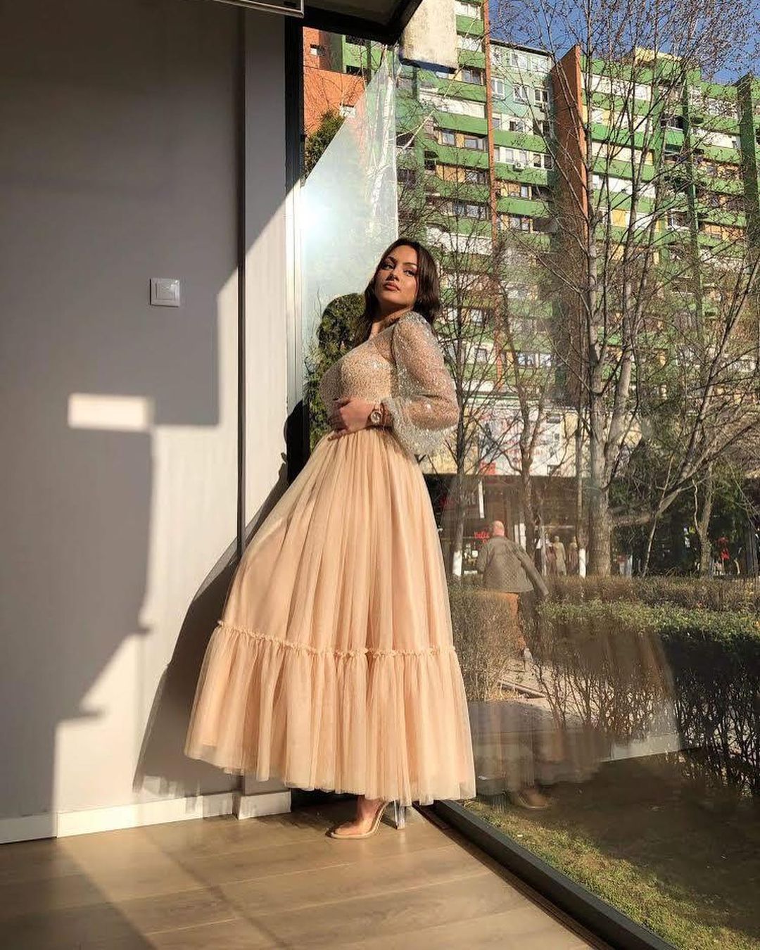 Chicloth Long Sleeves Champagne Prom Dress Tulle Skirt