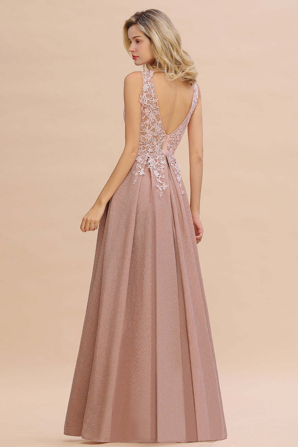 Chicloth Dusty Pink V-Neck Long Prom Dress With Lace Appliques Online