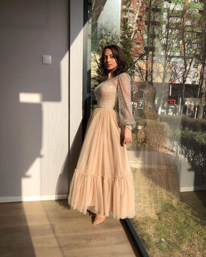 Chicloth Long Sleeves Champagne Prom Dress Tulle Skirt