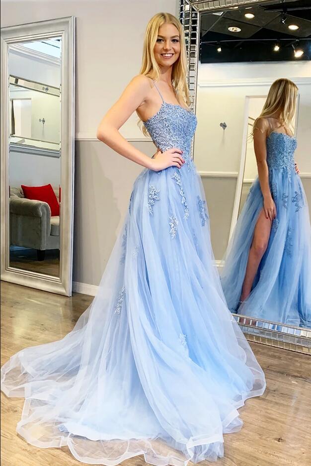 Sky Blue High Split A-Line Ball Gown Prom Dress with Lace Appliques