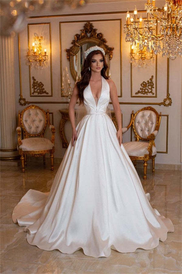 Chicloth Halter V-Neck Wedding Dress Sleeveless Long