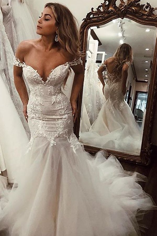 Chicloth Off-the-Shoulder Mermaid Wedding Dress Tulle With Lace Appliques