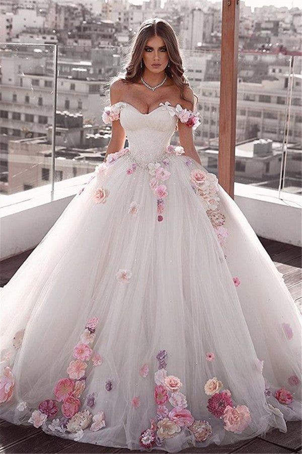 Chicloth Off-the-Shoulder Ball Gown Wedding Dress With Flowers