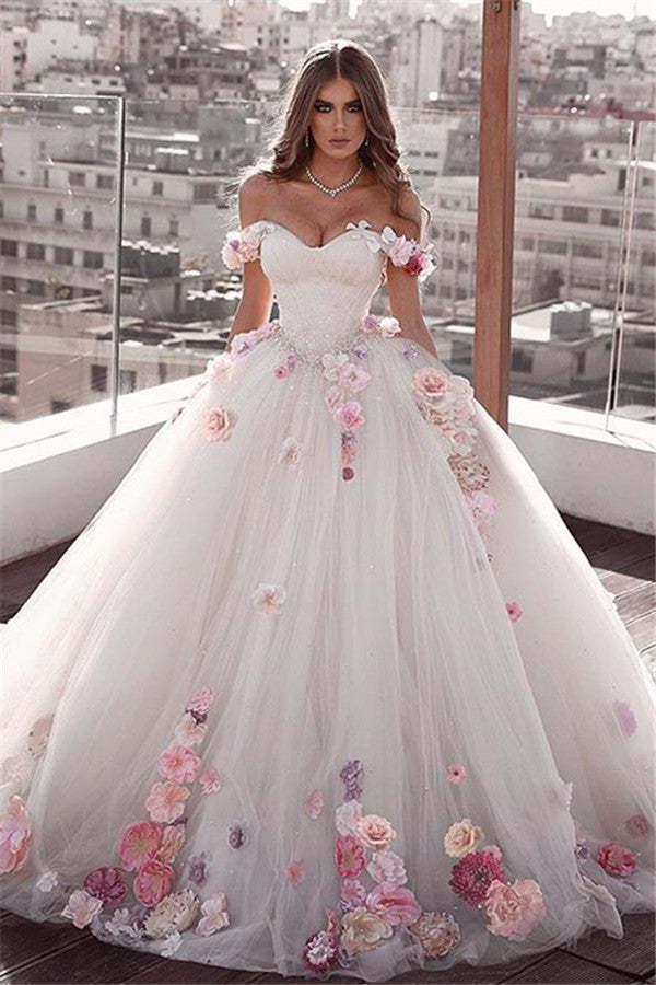 Chicloth Off-the-Shoulder Ball Gown Wedding Dress With Flowers