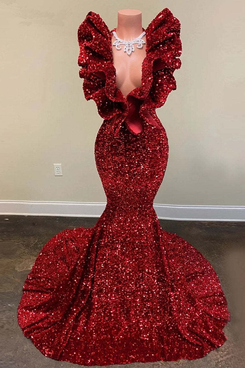Chicloth Burgundy Prom Dress Mermaid V-Neck With Ruffle