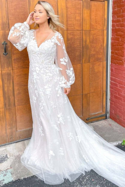 Chicloth Long Sleeves Lace Wedding Dress A-Line V-Neck