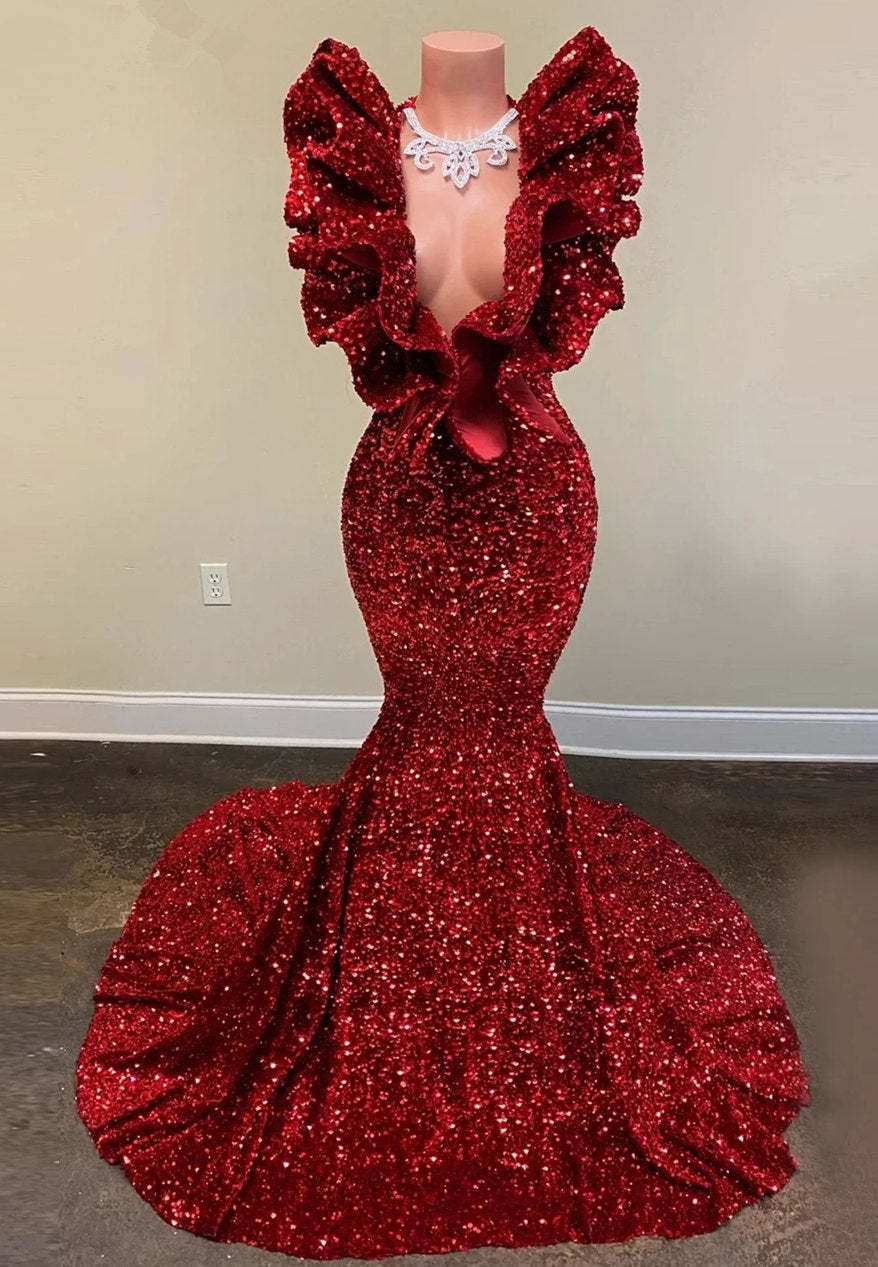 Chicloth Burgundy Prom Dress Mermaid V-Neck With Ruffle
